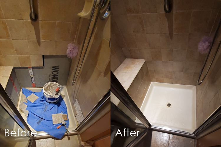 walk-in shower tile water damage restoration